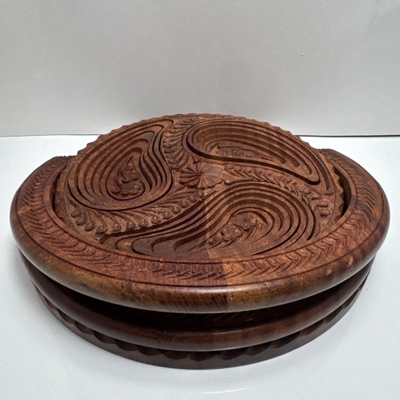 Vintage Rosewood Folk Art Woodwork Hand Carved Collapsible Art Basket - Picture 6 of 12